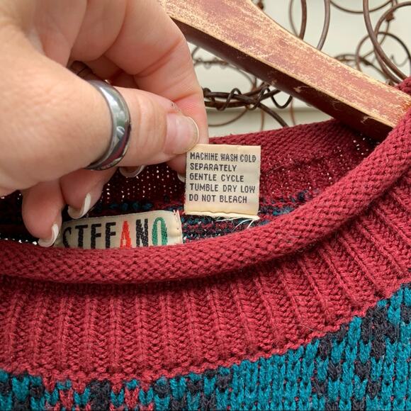 Vintage 90s Stefano green and red plaid oversize sweater LG - Picture 5 of 6